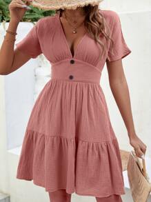 SHEIN LUNE Plunging Neck Ruffle Hem Dress