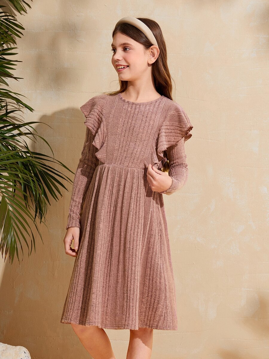 SHEIN Chicas Vestido línea A ribete con fruncido - Rosa vieja - Ver 1