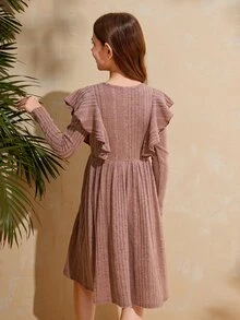 SHEIN Chicas Vestido línea A ribete con fruncido - Rosa vieja - Ver 2