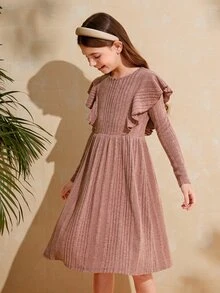 SHEIN Chicas Vestido línea A ribete con fruncido - Rosa vieja - Ver 3
