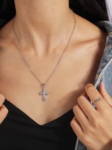 Rhinestone Decor Cross Charm Necklace - Silver - View 1