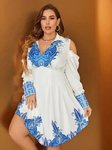 Glamaker Plus Floral Print Cold Shoulder Dress - Multicolor - View 1