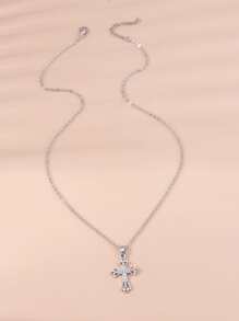 Rhinestone Decor Cross Charm Necklace - Silver - View 4