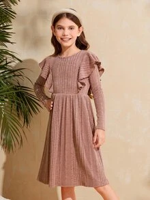 SHEIN Chicas Vestido línea A ribete con fruncido - Rosa vieja - Ver 5