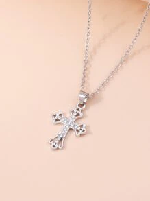 Rhinestone Decor Cross Charm Necklace - Silver - View 5