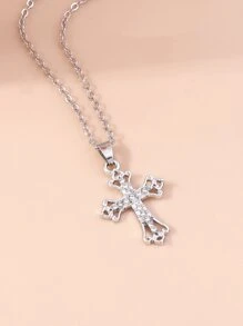 Rhinestone Decor Cross Charm Necklace - Silver - View 6