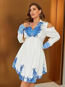 Glamaker Plus Floral Print Cold Shoulder Dress - Multicolor - View 6