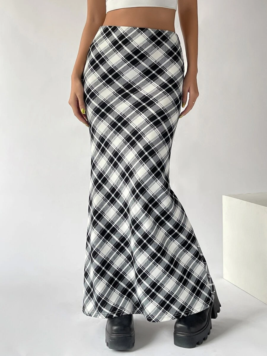 SHEIN EZwear 格紋印花魚尾短裙