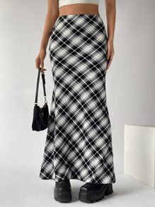 SHEIN EZwear 格紋印花魚尾短裙