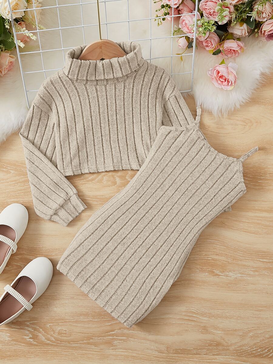 SHEIN Young Girl Turtleneck Drop Shoulder Tee & Cami Dress - Apricot - View 1