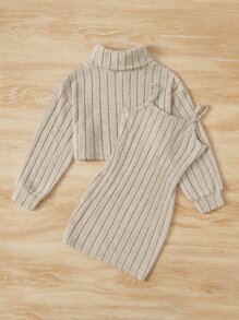 SHEIN Young Girl Turtleneck Drop Shoulder Tee & Cami Dress - Apricot - View 2