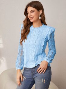 Simplee Blusa con encaje de espalda con abertura de ojo - Celeste - Ver 1