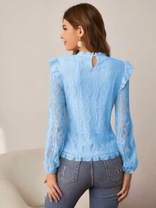Simplee Blusa con encaje de espalda con abertura de ojo - Celeste - Ver 2