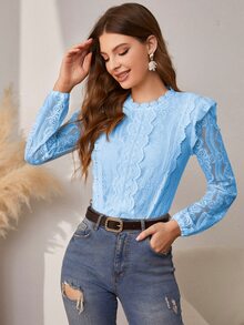 Simplee Blusa con encaje de espalda con abertura de ojo - Celeste - Ver 3