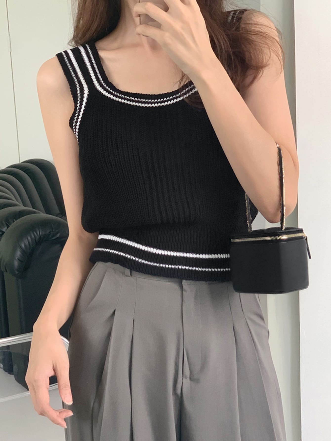 Striped Trim Ribbed Knit Top