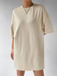 SHEIN EZwear Solid Drop Shoulder Tee Dress - Apricot - View 4