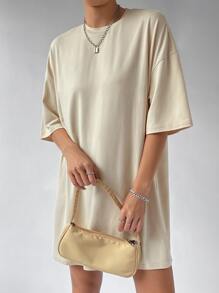 SHEIN EZwear Solid Drop Shoulder Tee Dress - Apricot - View 5