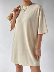 SHEIN EZwear Solid Drop Shoulder Tee Dress - Apricot - View 6