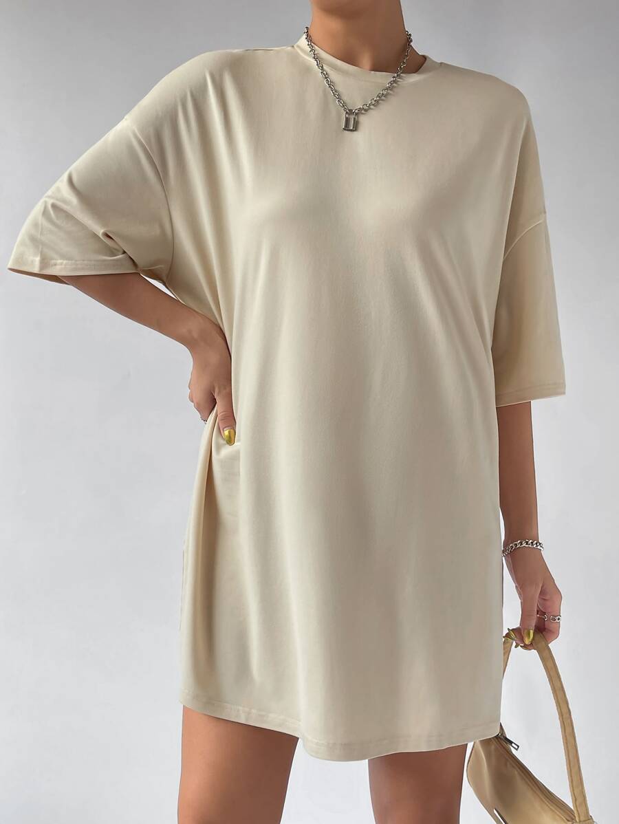 SHEIN EZwear Solid Drop Shoulder Tee Dress - Apricot - View 1
