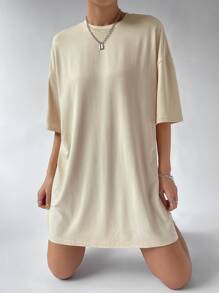 SHEIN EZwear Solid Drop Shoulder Tee Dress - Apricot - View 7