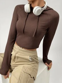 SHEIN EZwear 條紋針織插肩袖抽繩連帽衛衣