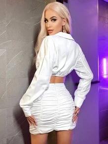 SHEIN Unity Button Front Crop Top & Ruched Bodycon Skirt - White - View 2