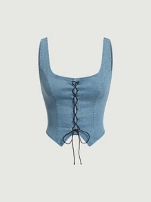 SHEIN MOD Áo khoác denim nữ Bất đối xứng Ren lên Thùa khuyết màu trơn Giải trí - Rửa nhẹ - Xem 1