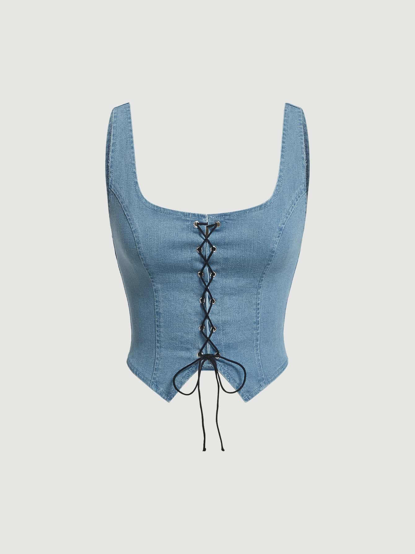 SHEIN MOD Áo khoác denim nữ Bất đối xứng Ren lên Thùa khuyết màu trơn Giải trí - Rửa nhẹ - Xem 1