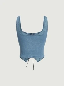 SHEIN MOD Áo khoác denim nữ Bất đối xứng Ren lên Thùa khuyết màu trơn Giải trí - Rửa nhẹ - Xem 2