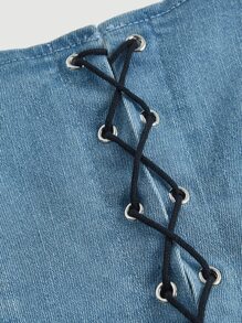 SHEIN MOD Áo khoác denim nữ Bất đối xứng Ren lên Thùa khuyết màu trơn Giải trí - Rửa nhẹ - Xem 3