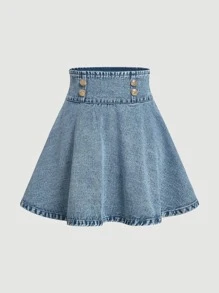 SHEIN MOD Frill Trim Button Detail Flare Denim Skirt - Light Wash - View 1