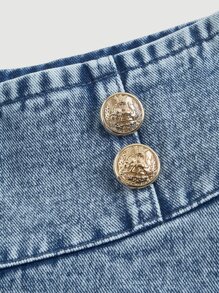 SHEIN MOD Frill Trim Button Detail Flare Denim Skirt - Light Wash - View 3