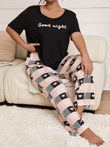 Plus Slogan Graphic Tee & Plaid Print Trousers PJ Set - Multicolor - View 1