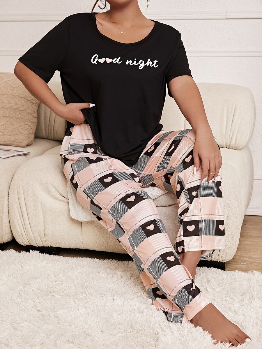 Plus Slogan Graphic Tee & Plaid Print Trousers PJ Set - Multicolor - View 1
