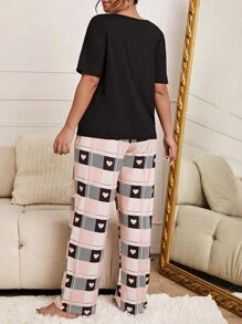 Plus Slogan Graphic Tee & Plaid Print Trousers PJ Set - Multicolor - View 2