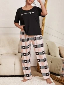 Plus Slogan Graphic Tee & Plaid Print Trousers PJ Set - Multicolor - View 3