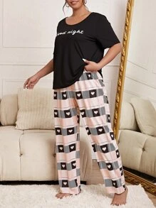 Plus Slogan Graphic Tee & Plaid Print Trousers PJ Set - Multicolor - View 4