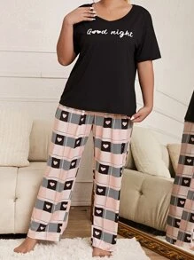 Plus Slogan Graphic Tee & Plaid Print Trousers PJ Set - Multicolor - View 5