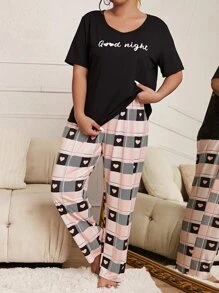 Plus Slogan Graphic Tee & Plaid Print Trousers PJ Set - Multicolor - View 6