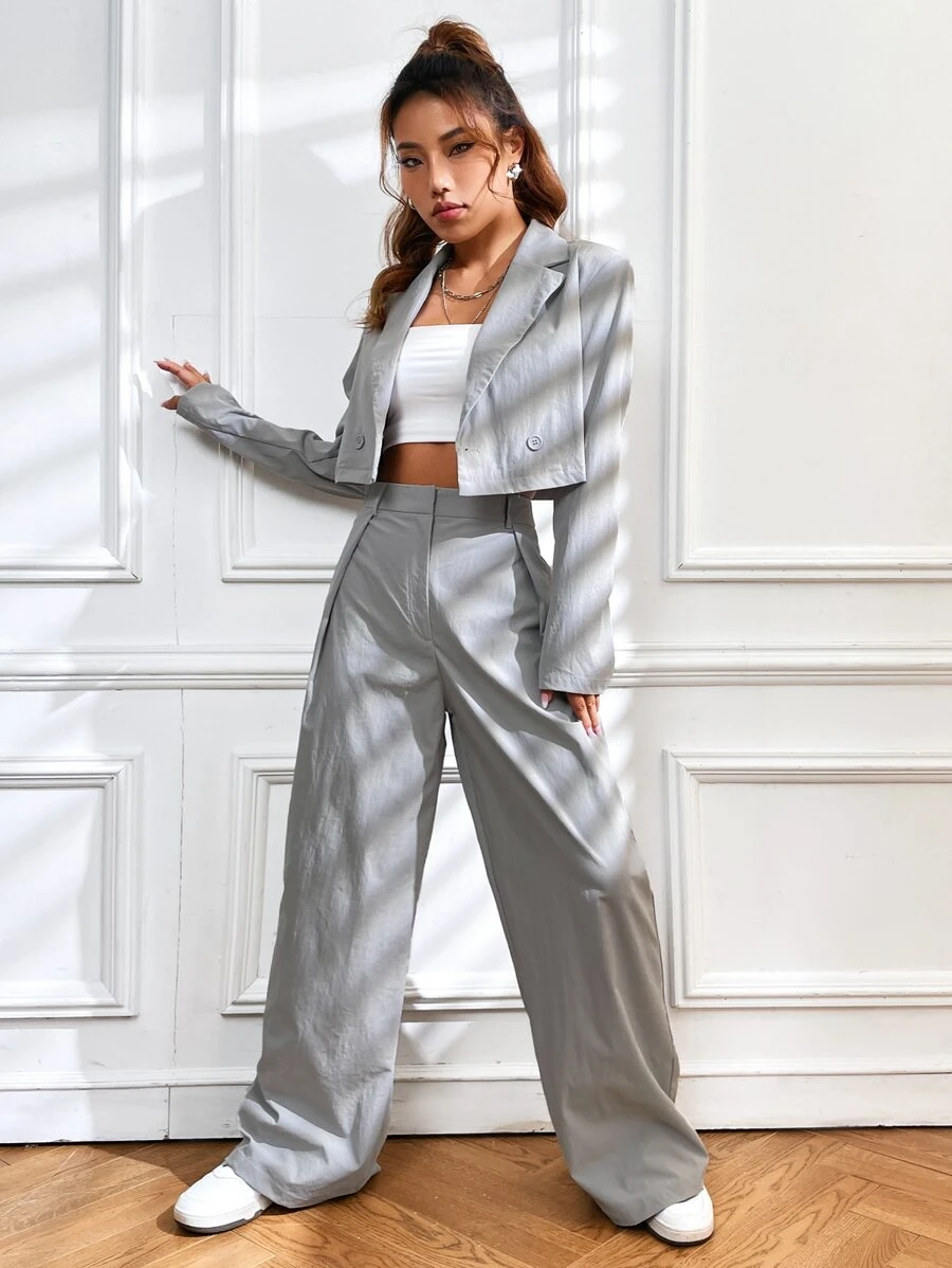SHEIN EZwear 西裝領雙排釦短版西裝和闊腿褲 - 灰色 - 查看 1
