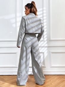 SHEIN EZwear 西裝領雙排釦短版西裝和闊腿褲 - 灰色 - 查看 2