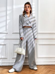 SHEIN EZwear 西裝領雙排釦短版西裝和闊腿褲 - 灰色 - 查看 3