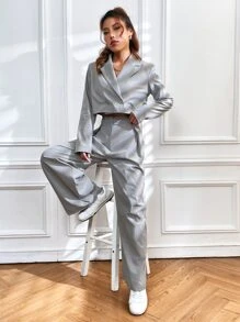 SHEIN EZwear 西裝領雙排釦短版西裝和闊腿褲 - 灰色 - 查看 4