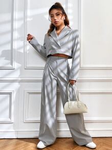 SHEIN EZwear 西裝領雙排釦短版西裝和闊腿褲 - 灰色 - 查看 5