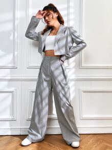 SHEIN EZwear 西裝領雙排釦短版西裝和闊腿褲 - 灰色 - 查看 6
