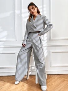 SHEIN EZwear 西裝領雙排釦短版西裝和闊腿褲 - 灰色 - 查看 7