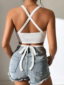 SHEIN PETITE 交叉後背繫帶吊帶短上衣 - 白色 - 查看 3