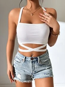 SHEIN PETITE 交叉後背繫帶吊帶短上衣 - 白色 - 查看 4