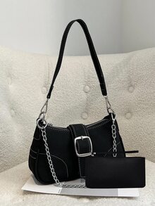 Buckle Decor Hobo Bag With Clutch Bag - Black - View 1