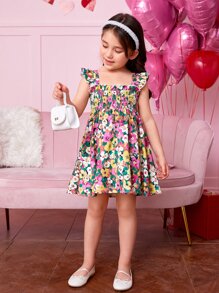 SHEIN Toddler Girls Floral Print Ruffle Trim Dress - Multicolor - View 3
